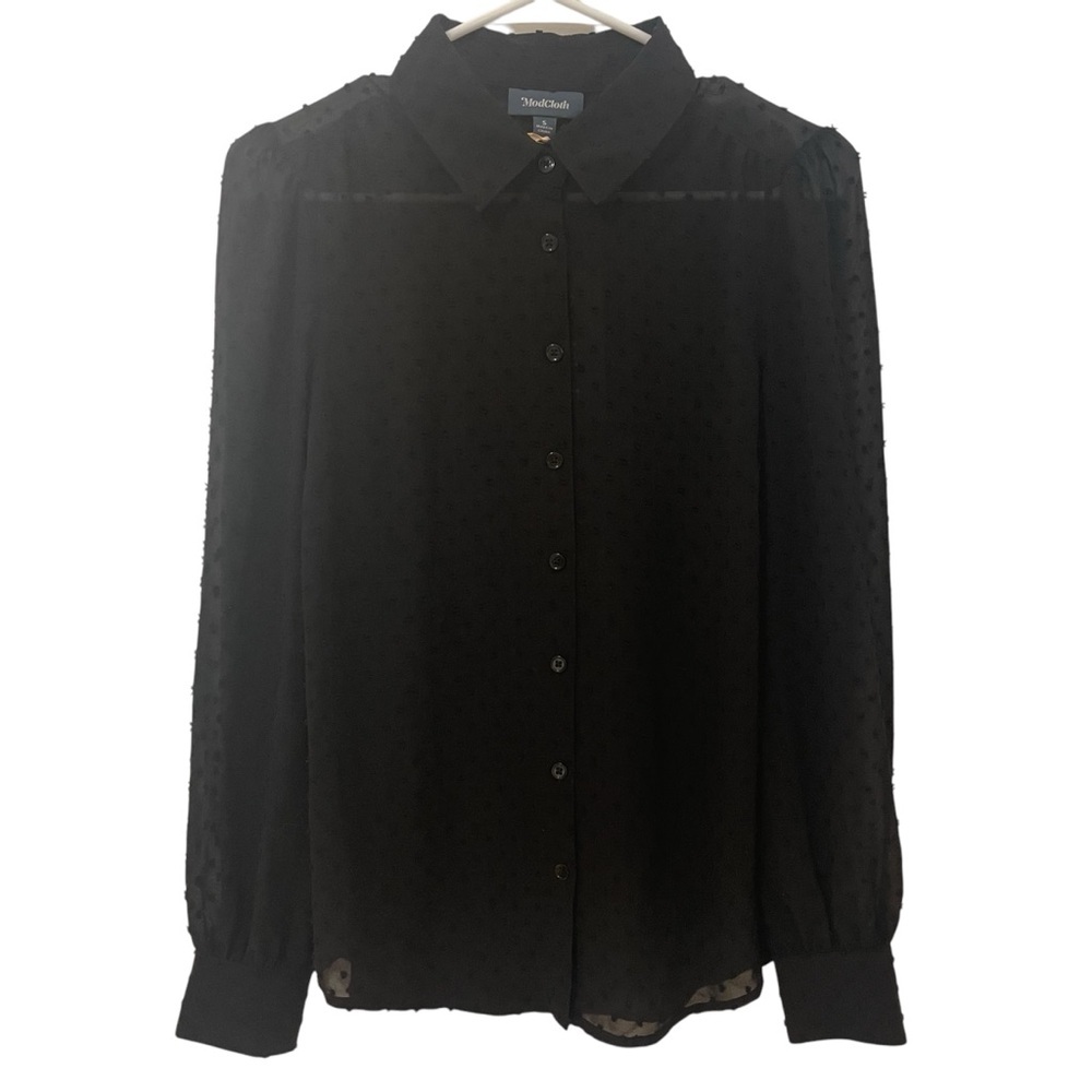 Modcloth Black Long-Sleeve Sheer Polka Dot Blouse, Small